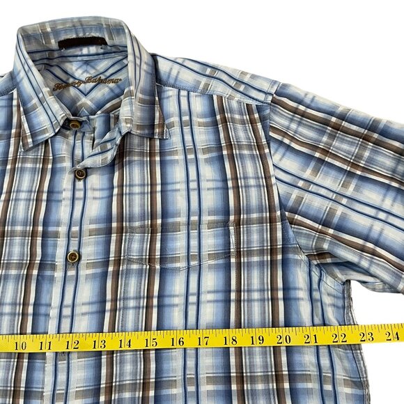Tommy Bahama Long Sleeve Plaid Shirt Men's Size Medium Blue Brown Tencel - Picture 3 of 5